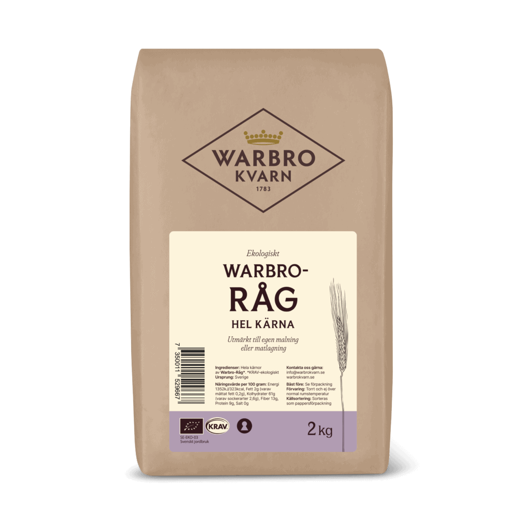 Warbro-Råg hel kärna, 2 kg-påse, produktbild med genomskinlig bakgrund